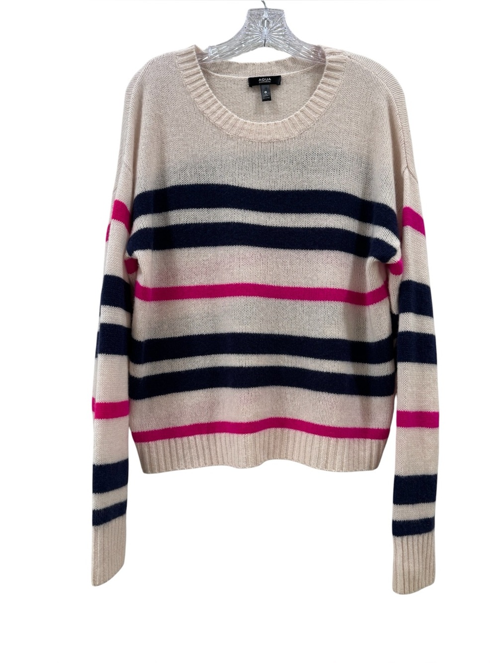 Aqua Cream Crewneck Sweater with Navy & Pink Stripes - Picture 2 of 4